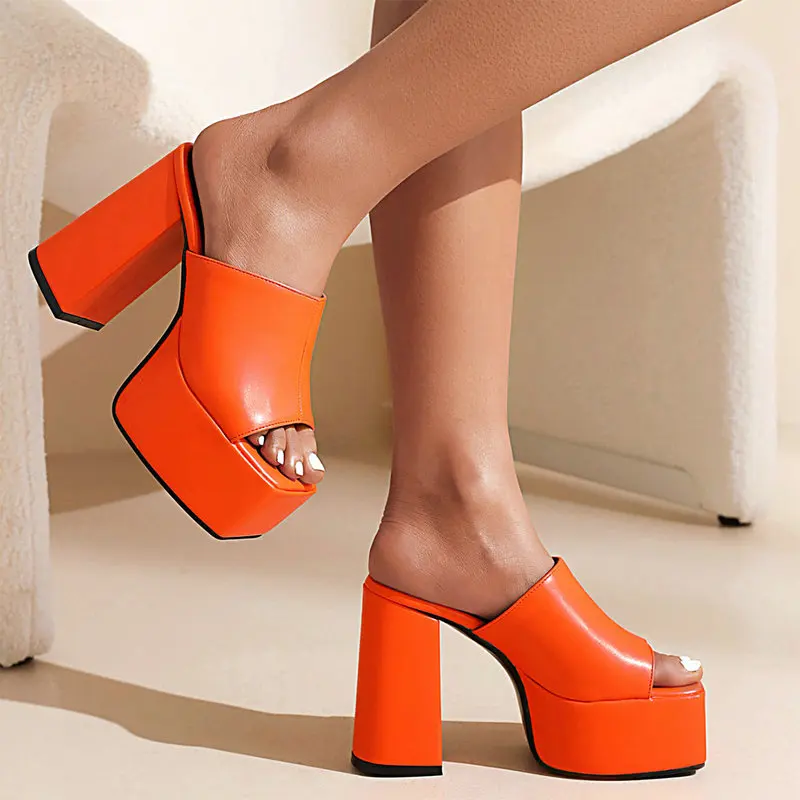 

Сандалии женские на платформе и высоком квадратном каблуке, открытый носок, змеиная кожа, открытый принт, готические тапочки, шлепанцы, оран...