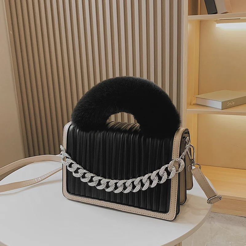 

Роскошные Дизайнерские дамские сумочки, украшение на толстой цепочке со стразами, ручка из искусственного меха, красочная маленькая квадра...