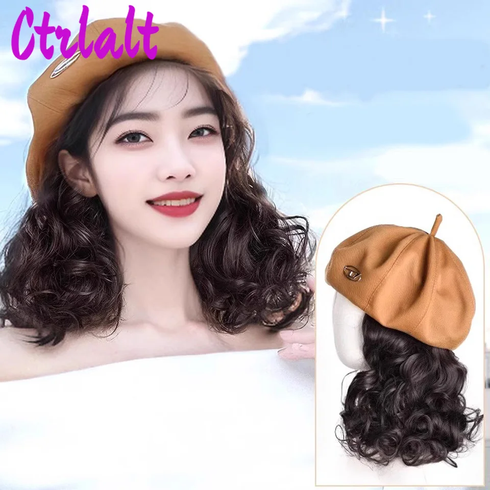 Шляпа и парик интегрированная модная женская шляпа 2024 новый берет длинные