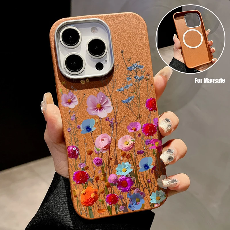 Противоударный чехол из ТПУ с цветным цветком для телефона Magsafe iPhone 16 15 14 Pro Max Plus 13