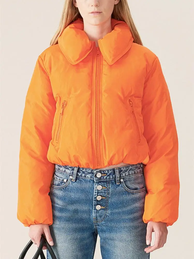 

Women Orange Black Zipper Turn-Down Collar Parkas Coat Autumn Winter 2022 Fashion Ladies Long Sleeve Short Jacket Female Top