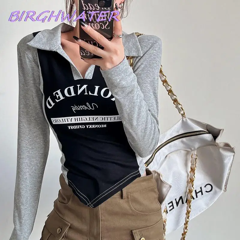 

Женские короткие рубашки Y2k в стиле Харадзюку, топы с длинным рукавом и принтом Kpop, асимметричная облегающая блузка, корейская модная Улична...