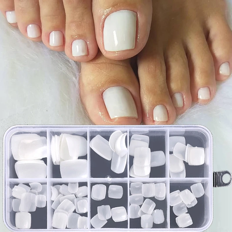 100pcs Artificial Square False Toe Nails Natural White Clear Full Cover Fake Toenail Acrylic Foot Nail Art Tips Manicure Tools
