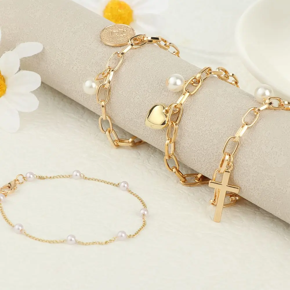 

Simple Alloy Retro Women Pearl Bracelet Golden Pendant Bracelet Coin Cross