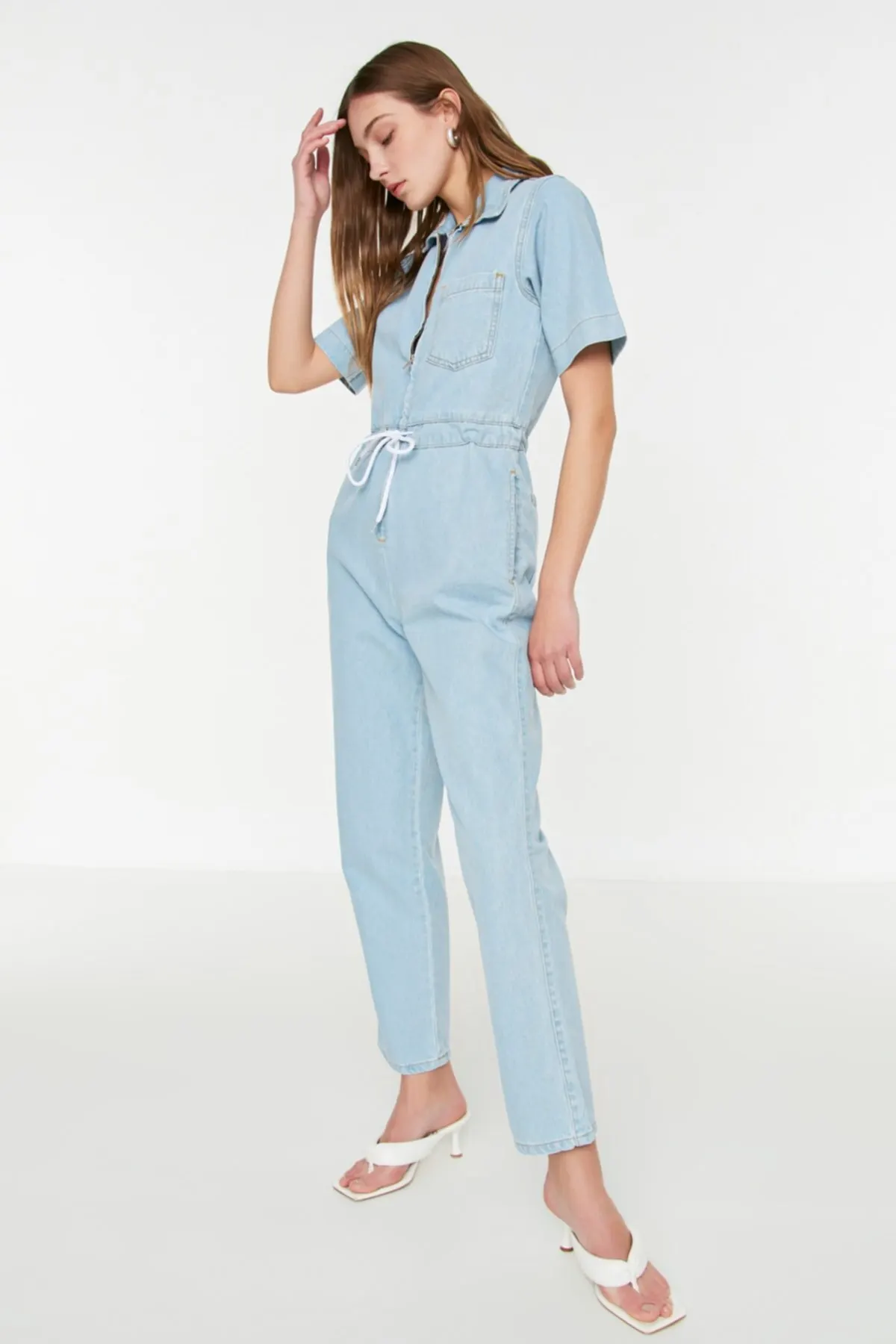 

Women's Overalls Light Blue Tie Detailed Denim Hot Style Quality Fabric Sleeveless Baggy Trousers Casual Jumpsuit