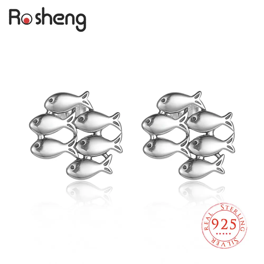 

Rosheng 925 Sterling Silver Cute Shoal of Fish Stud Earrings for Women Girls Spring Ear Studs Festival Silver Fashion Jewelry