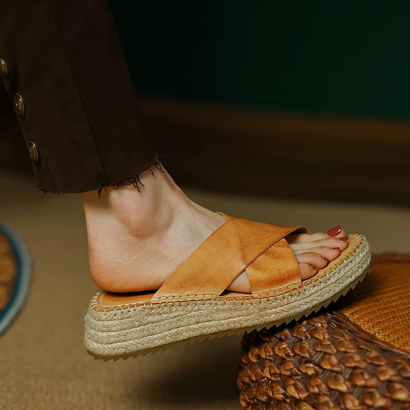 

Women’s Summers Sandals Wedge Slipperrs Cowhide Platforma Shoes Hemp Espadrilles Outwear Slippers Open Toe Ladies Shoes