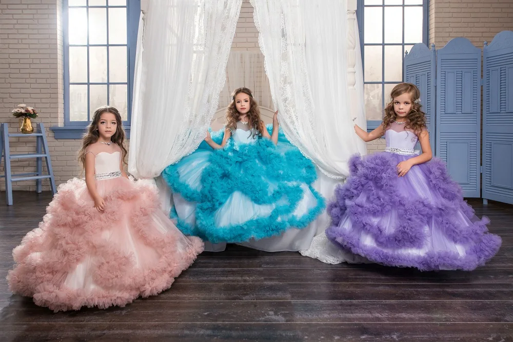

Tulle Flower Layers Girl Pageant Dresses Backless Pearls Satin Belt Flower Girl Dress Puffy Kids Ball Gown Little Bride Dresses