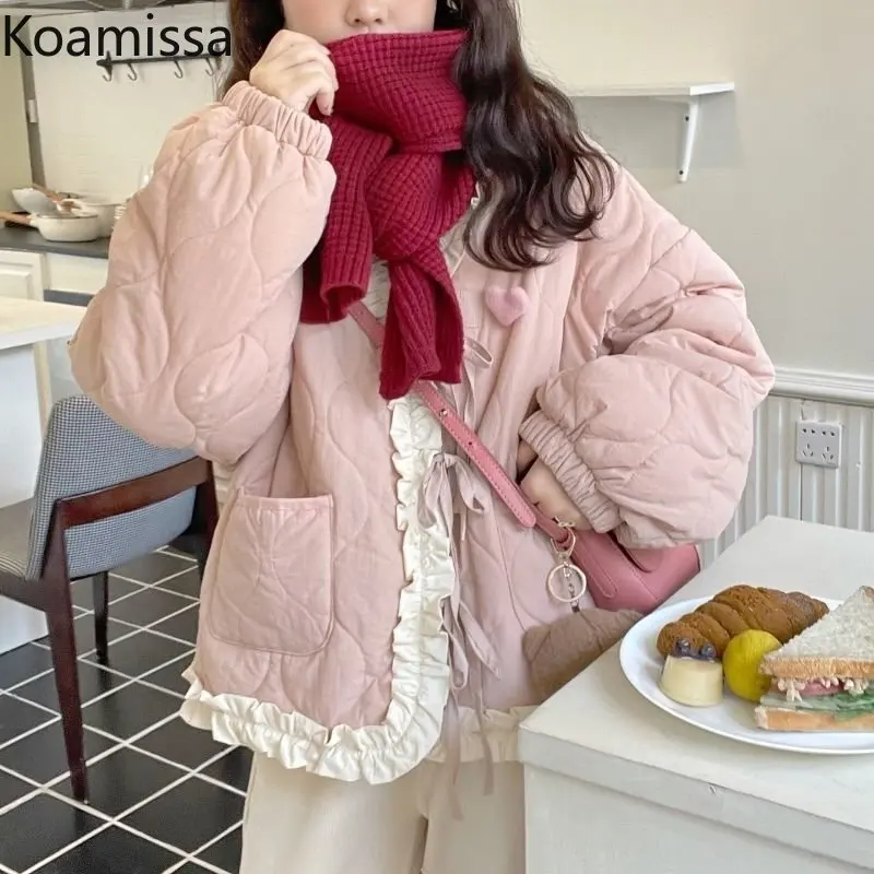 Koamissa Sweet Parkas for Women Fashion Ladies Winter Loose Quilted Coats Korean Chic Cropped Jacket Female Outwear Top De Mujer