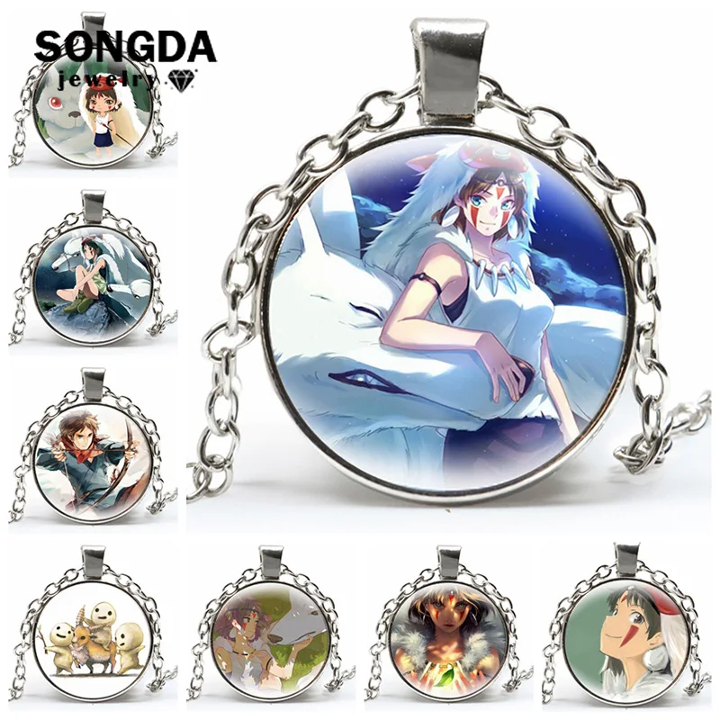 

Princess Mononoke Cosplay Necklace Mononoke Hime Ashitaka Chocolate Figures Cabochon Glass Pendant Necklaces Collection Jewelry