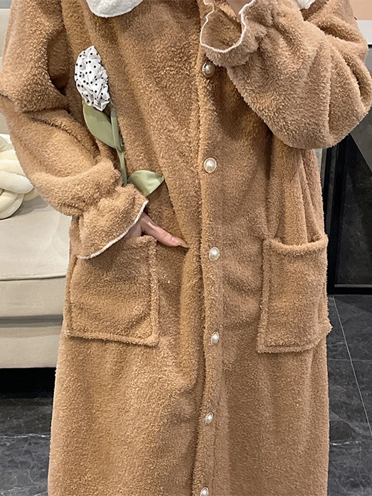 Autumn and Winter Soft Nightdress Coral Fleece Thickened Long dress Pajamas Women Half Velvet Fleece-lined Can Be Worn outsid...