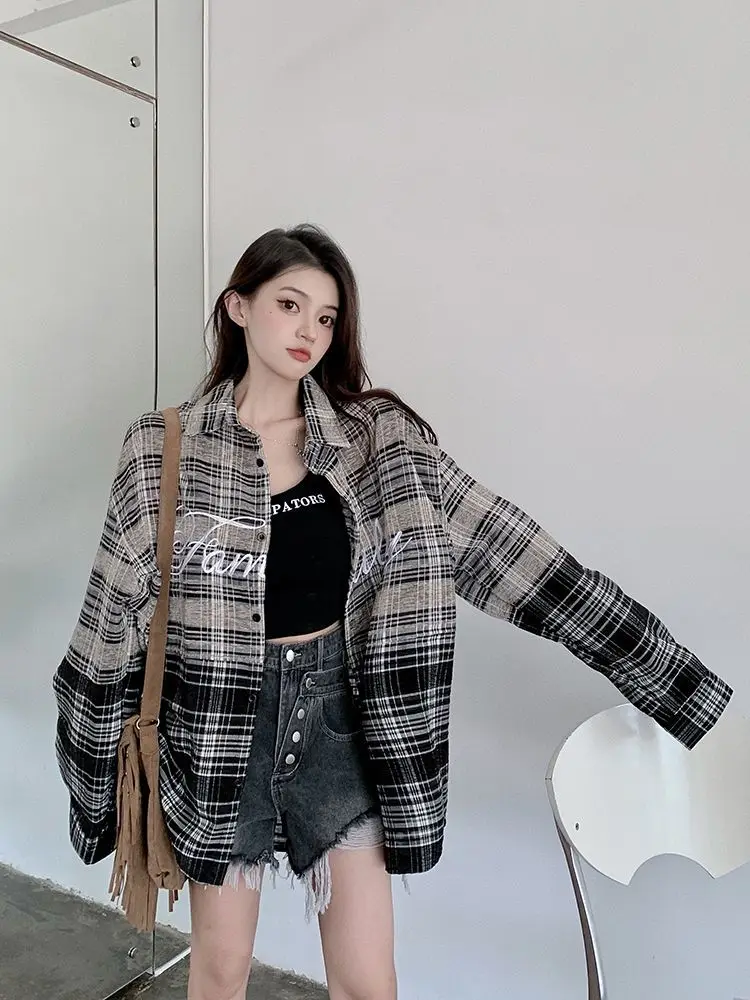 

Vintage Embroidery Plaid Shirt Coat Women's Spring Autumn Design Long Sleeve Cardigan Top Women 2023 New