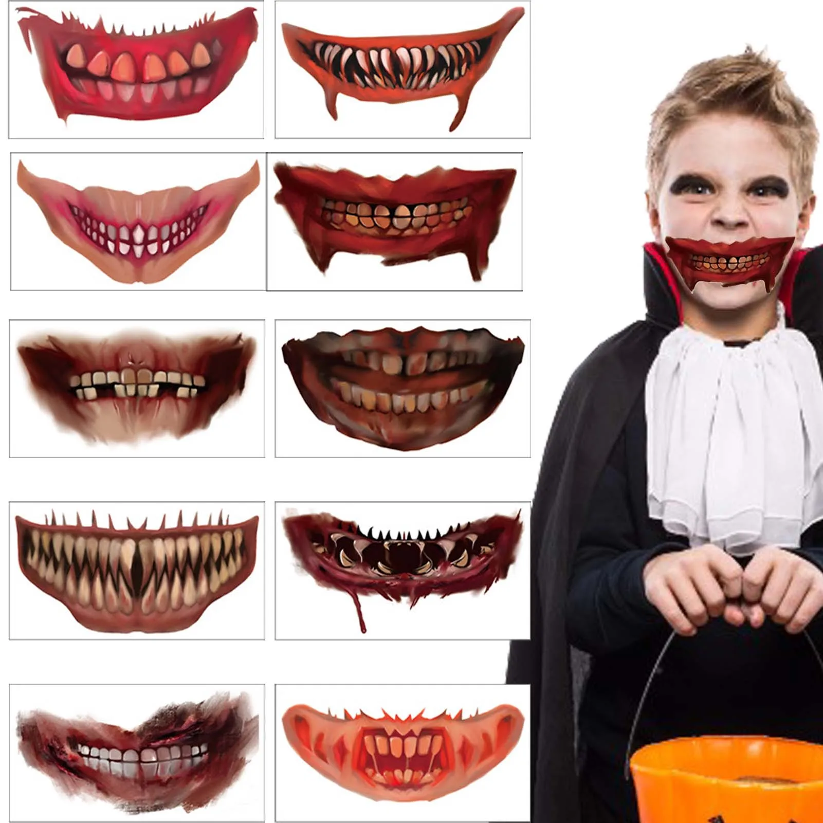 

Halloween Mouth Temporary Tatoo Stickers 10 Pieces Horror Clown Mouth Teeth Sweatproof Tatoo Stickers Cosplay Party Supplies