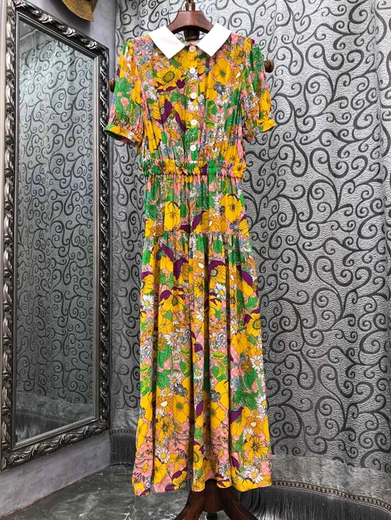 

2022 new women fashion short-sleeved white-collar full body print waist slim holiday dress 322
