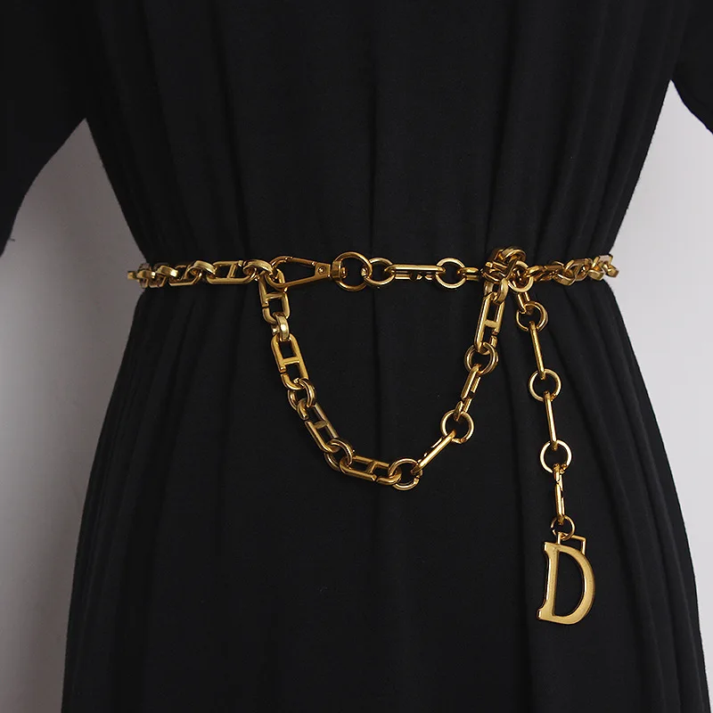 

Fashion D Letter Metal Chain Women Thin Waist Belt Gold