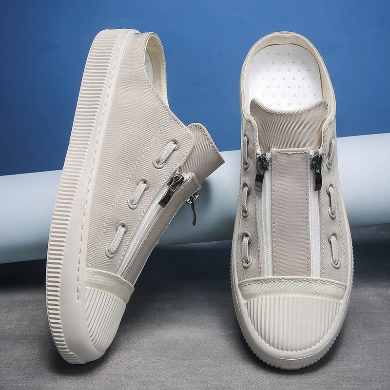 

Summer 2022 Men Casual Flats Shoes White Canvas Men Half Slippers Breathable Walking Shoes Mens Half Drag Man Fashion Shoes