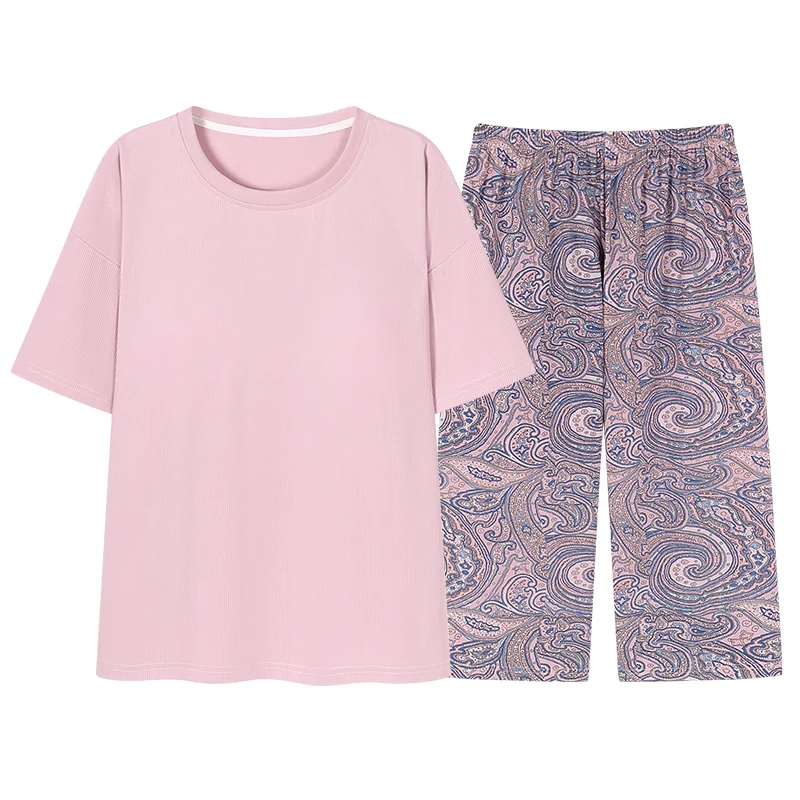 2 шт./комплект Женская пижама топ с коротким рукавом и брюки до щиколотки