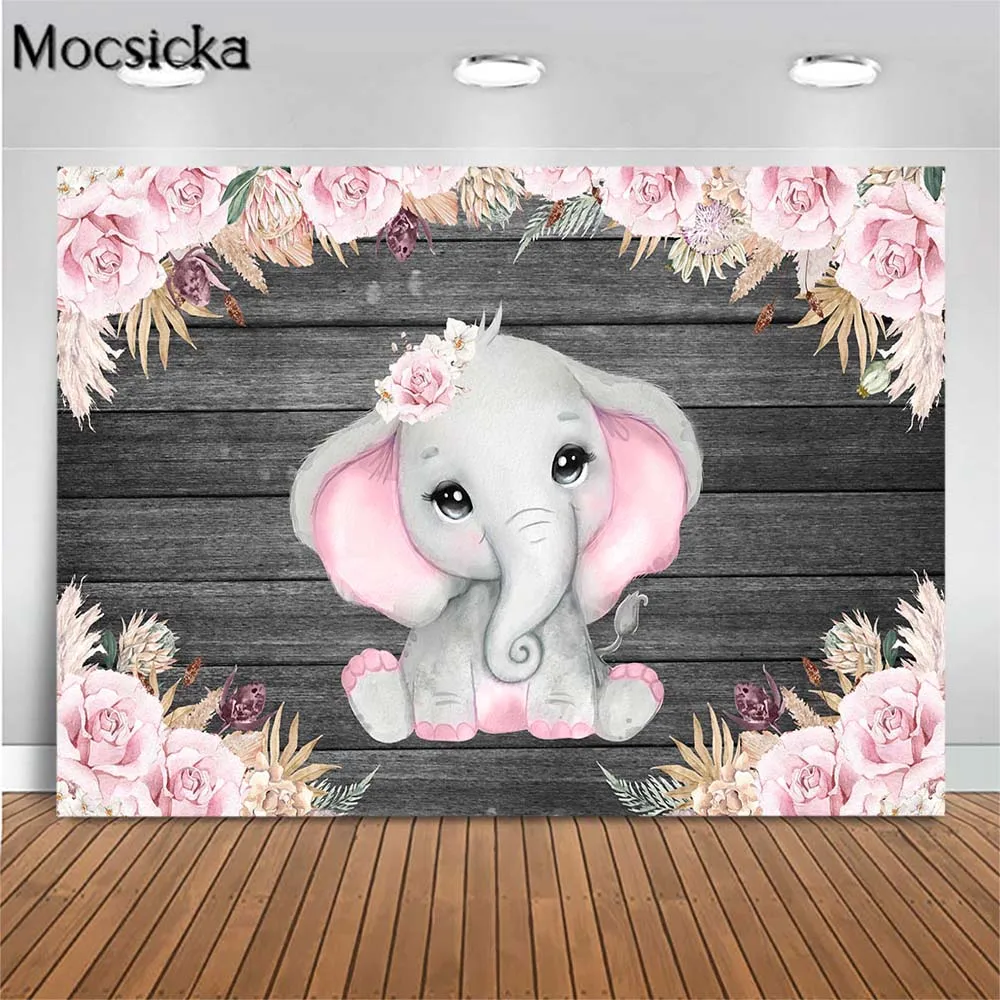 

Mocsicka Pink Elephant Newborn Baby Shower Backdrop Grey Wooden Board Kids Girl Birthday Party Photo Background Photoshoot Props