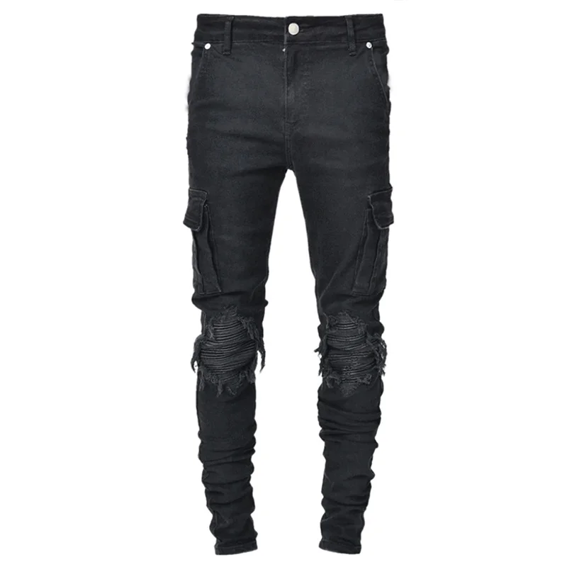 New Mens Jeans Pants Hole Trend Black Slim Denim Jeans Streetwear Men Fashoin Full Length Ripped Jeans