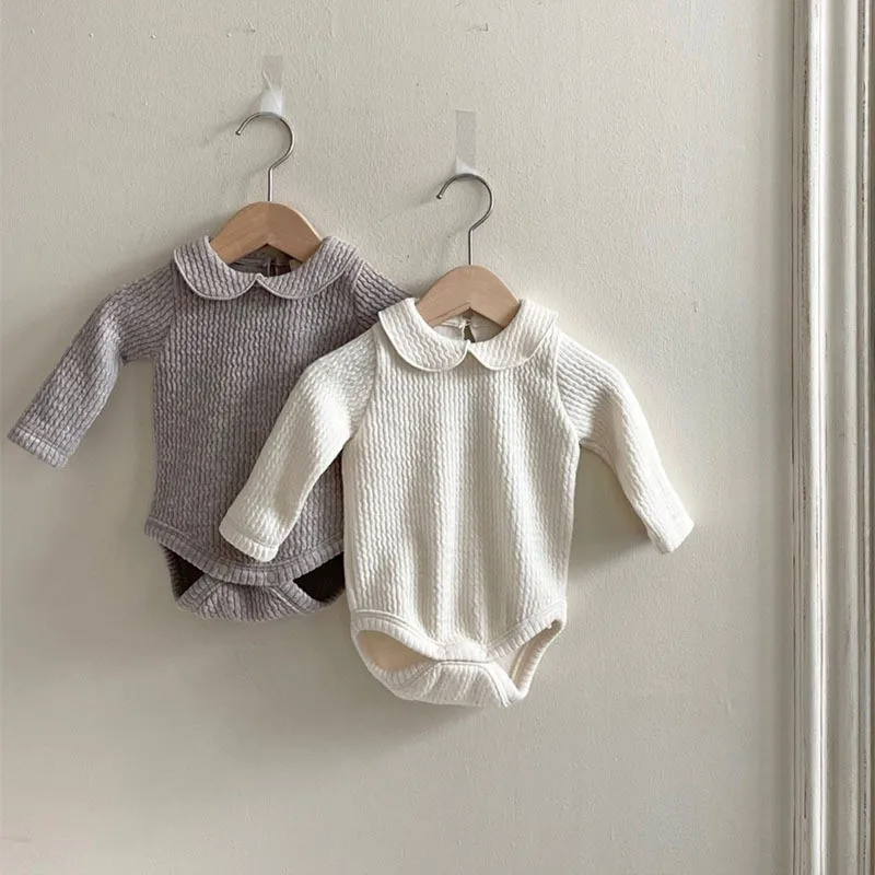 

Spring Baby Soft Simple Solid Peter Pan Collar Bodysuit Ribbed Long Sleeves Jumpsuit Skin-friendly Organic Cotton Crawlwear