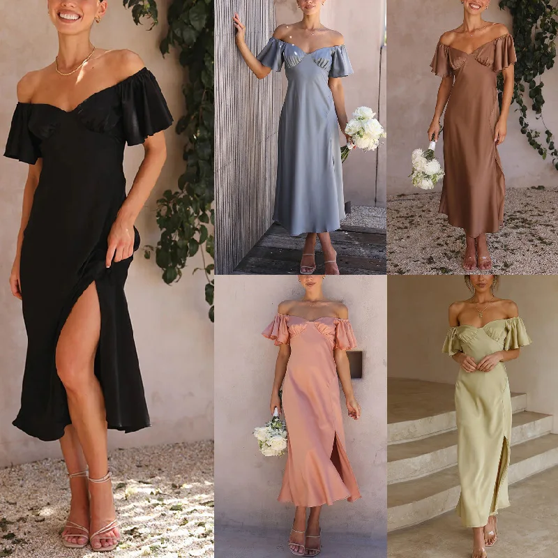 

Summer Women's Long Dress High Waist Off Shoulder Solid Satin Folds High Split Drapes Fashion Chic Party Clothing