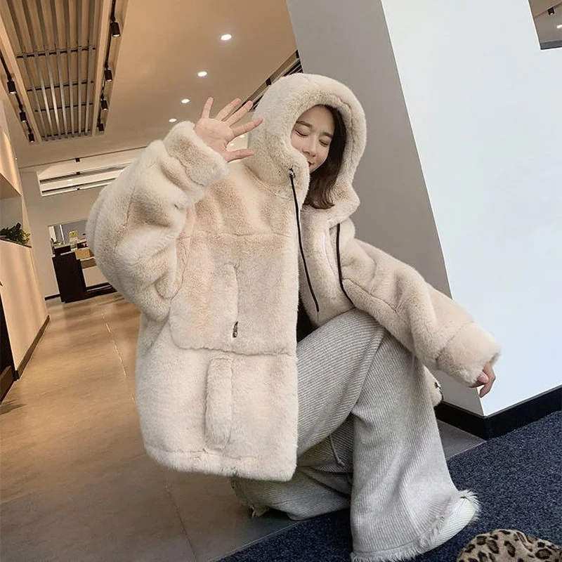 Women's Fur Jacket Famale Loose Faux Rabbit Fur Zip Hooded Thicken 2021 Winter Short Fur Coat Excellent Texture Thick Fur Khaki
