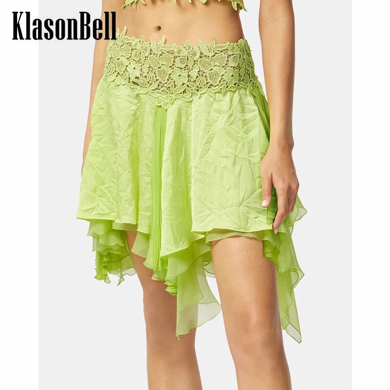 

6.30 KlasonBell Fashion Lace Embroidery Hollow Out Pleated Irregular Mini Skirt Women