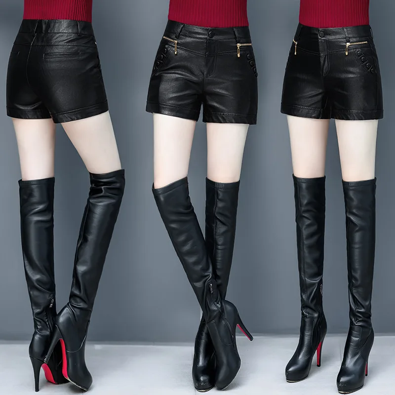 UHYTGF Spring And Autumn Leather Shorts Women's Korean Wide Leg Pants Ladies Casual PU Leather A-Line Pants New Female Pant 01