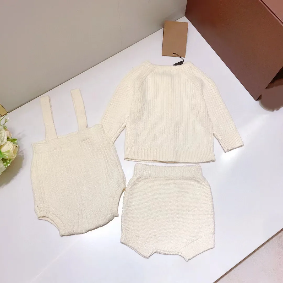 2022 Winter high-quality fashion brand off white button knit coat+suspender shorts+elastic waist shorts three piece baby suit