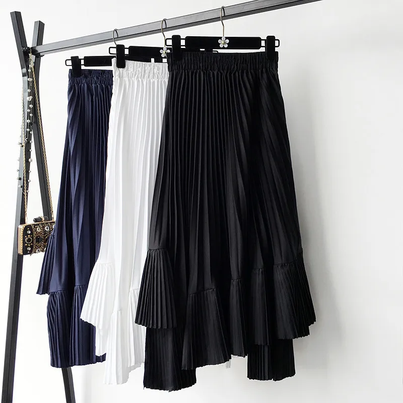 

Pleated Chiffon Skirt Faldas Largas Elegantes female Sweet Black mid-Length Skirts 2023 fall Korean Irregular soild color Skirt
