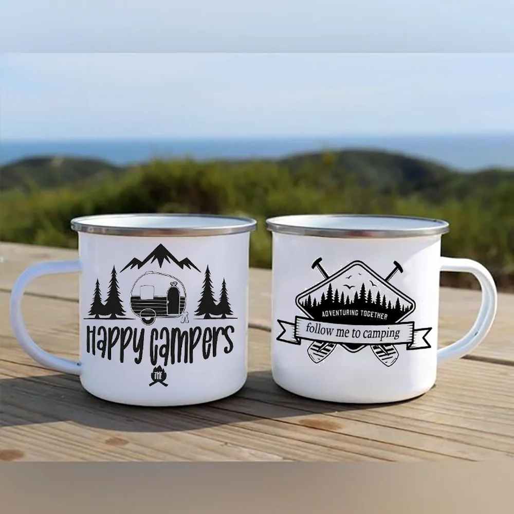 Happy Camping Enamel Mug Retro-style Cup Coffee Water Milk Cup Adventure Together Camper Picnic Outside Holiday Travel Best Gift