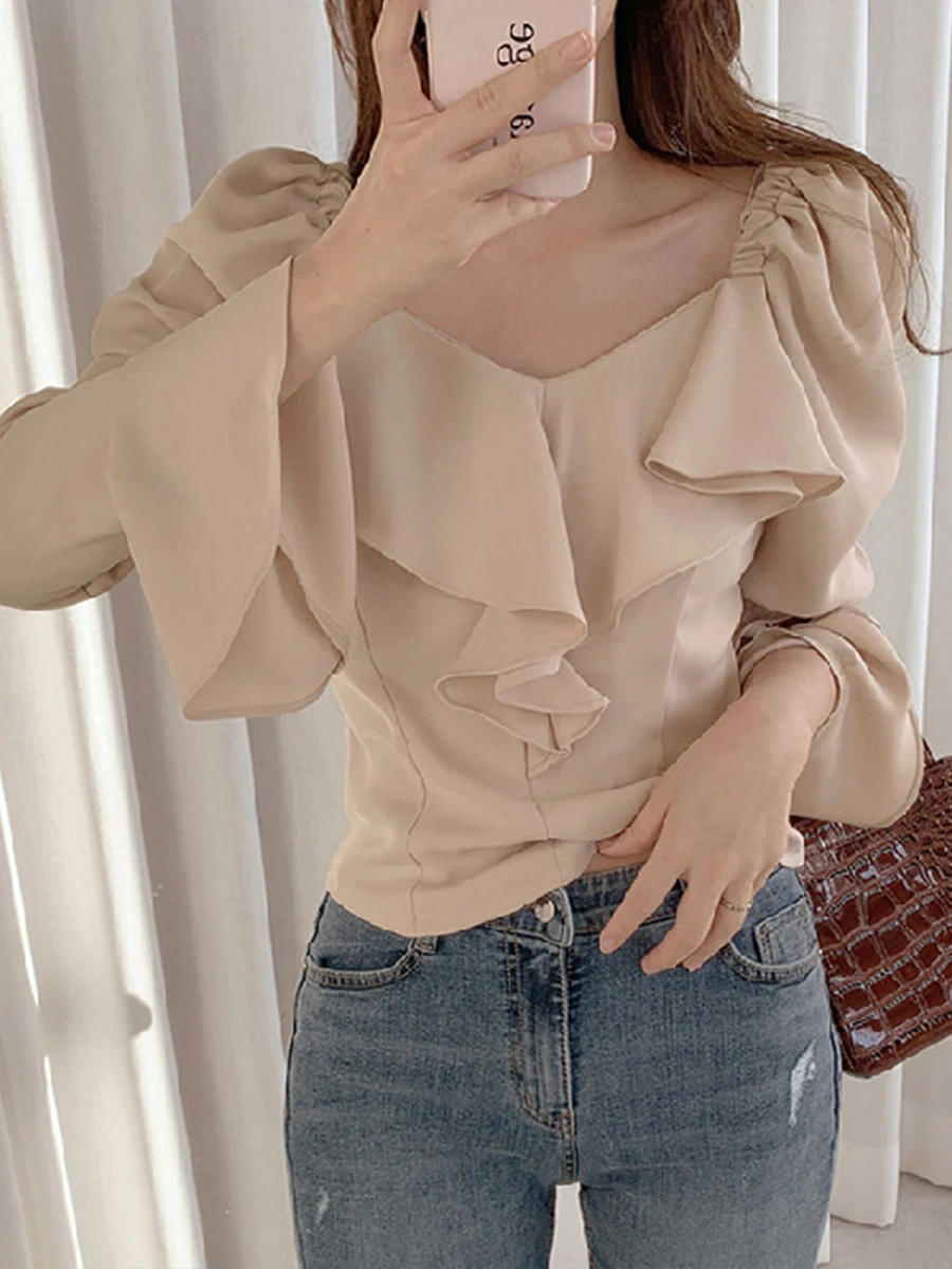 

Women's French Slim Long Sleeve Shirt Spring New Ruffles Square Collar Fashionable Ladies Blouse Chic Design Female Pullover