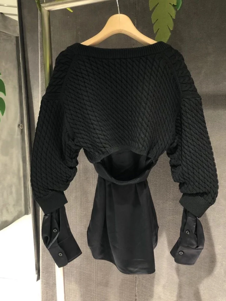Length Medium Loose Splicing Knitwear V-neck Fake Black Sweaters Women Autumn 2023 New Fashion