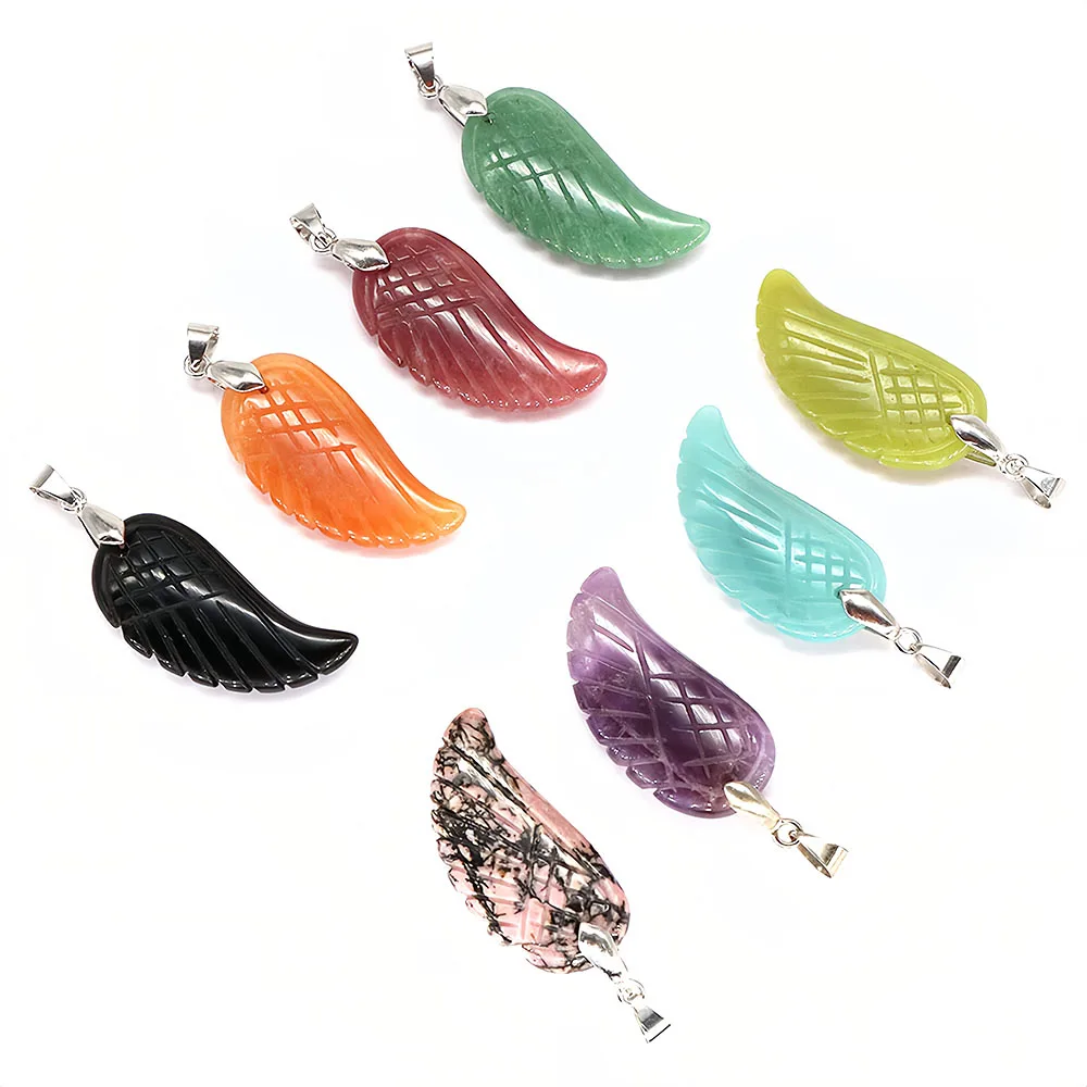35mm Angel Wing Pendant Natural Stone Amethyst Pink Quartz Reiki Healing Crystal DIY Necklace Fashion Gemstone Jewelry Love Gift