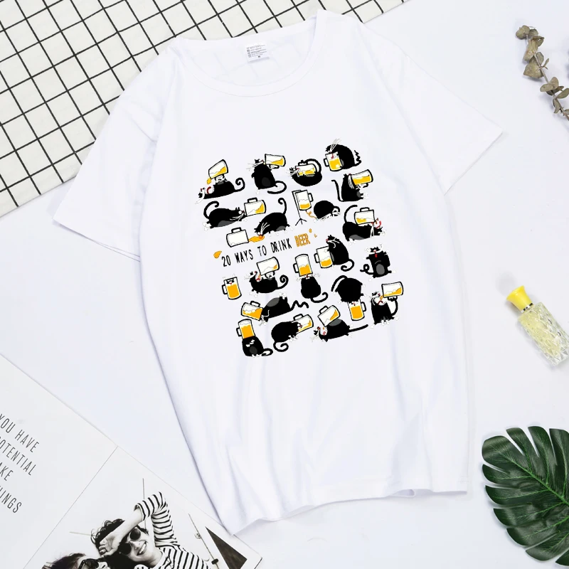Cute Cat Drink Beer Print Men's Tshirts Creativity Quality T-Shirt Oversize Tshirt Street Comfortable Male Short Sleeve