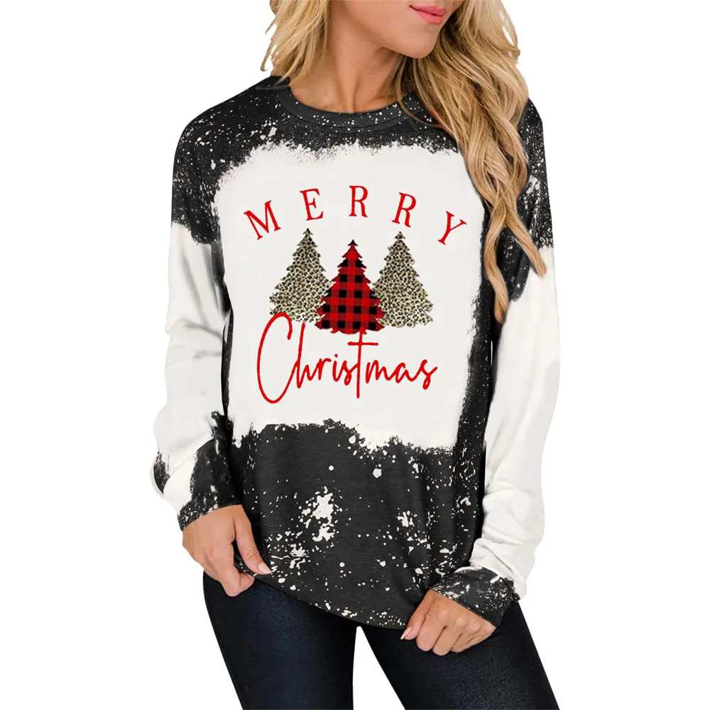 

Christmas Tree Printed Cotton T-shirt for Women Fashion Christmas Hoodie Long Sleeve Street Wear Round Neck Sexy New Year Tshirt