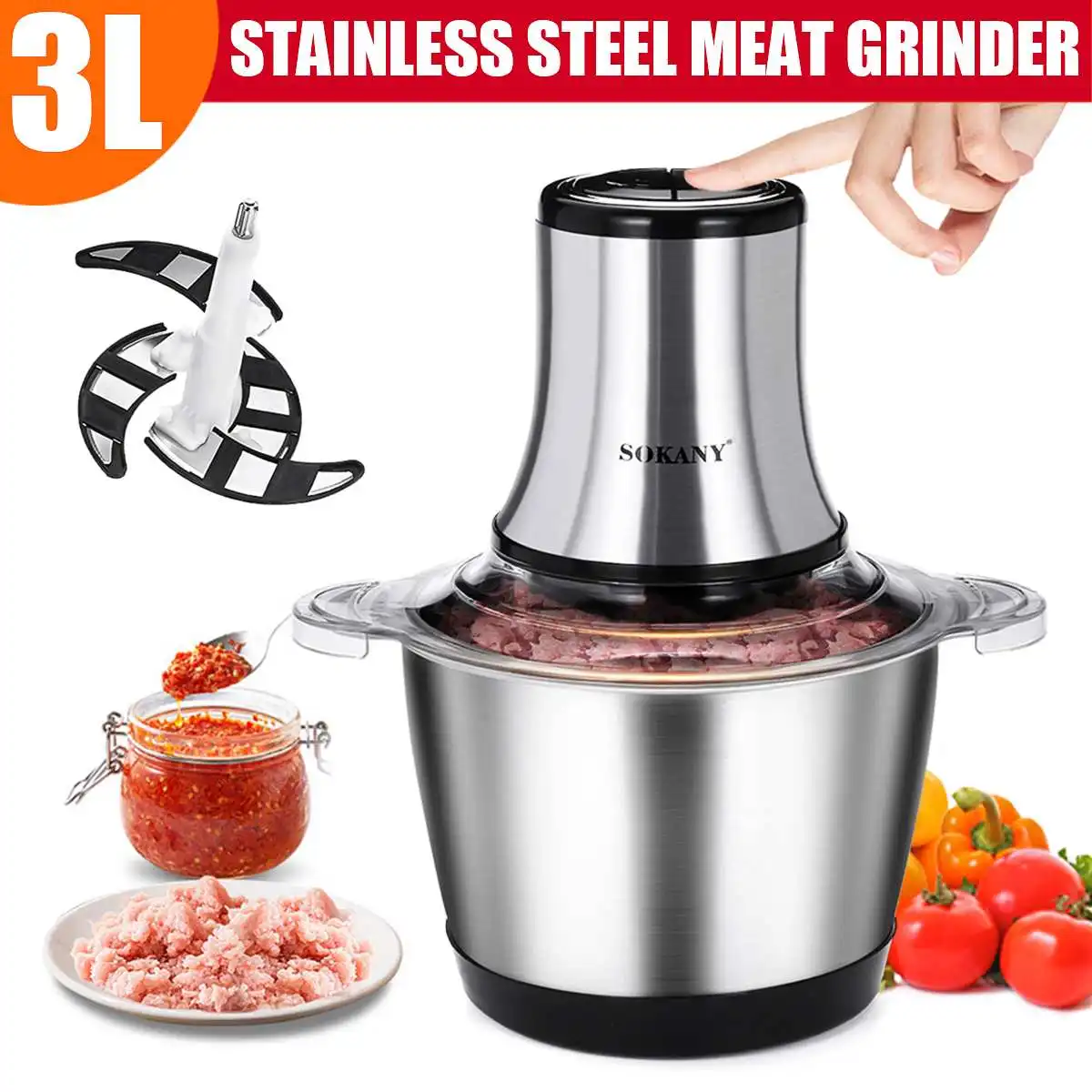 3L 800W Household Small Electric Meat Grinder 2 Speeds Stain