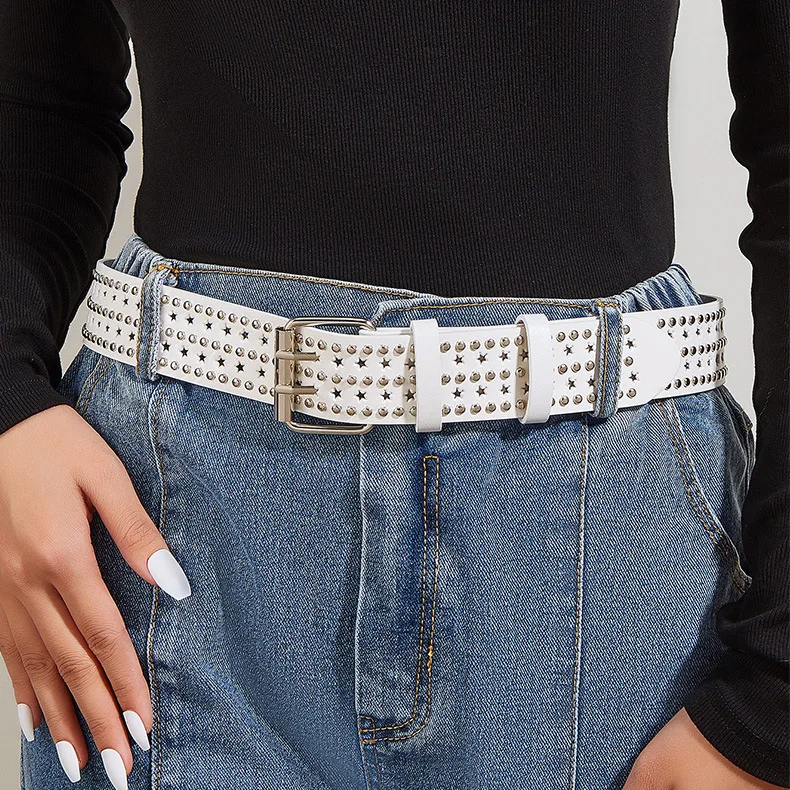 

Gothic Punk style Rivet Studded Belt Women Fashion Hollow Stars Hole Leather Strap Double Row Pin Buckle Jeans Pants Waistband