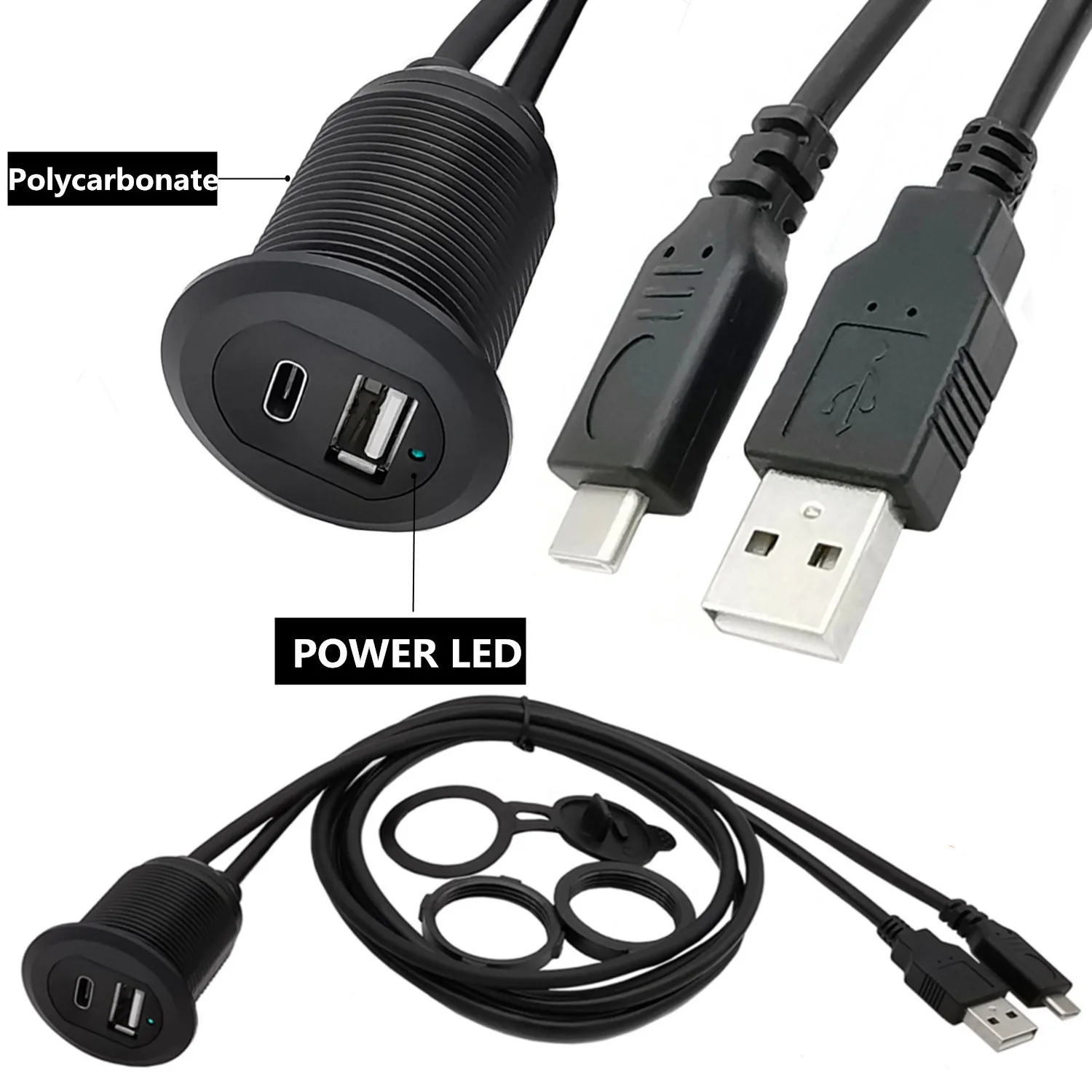 With LED Indicator Light Embedded with USB2.0+type-c2.0 Extension Cable for Car\ Yacht and Motorcycle Instrument Panel
