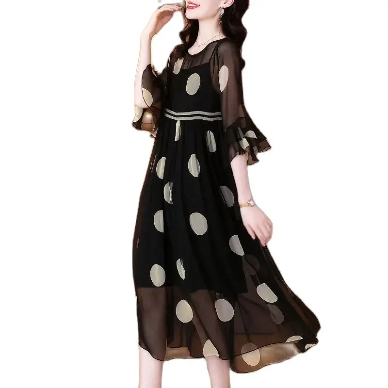 

Женское длинное платье в горошек, свободное тонкое платье из шелка тутового шелкопряда с принтом, весна-лето 2022