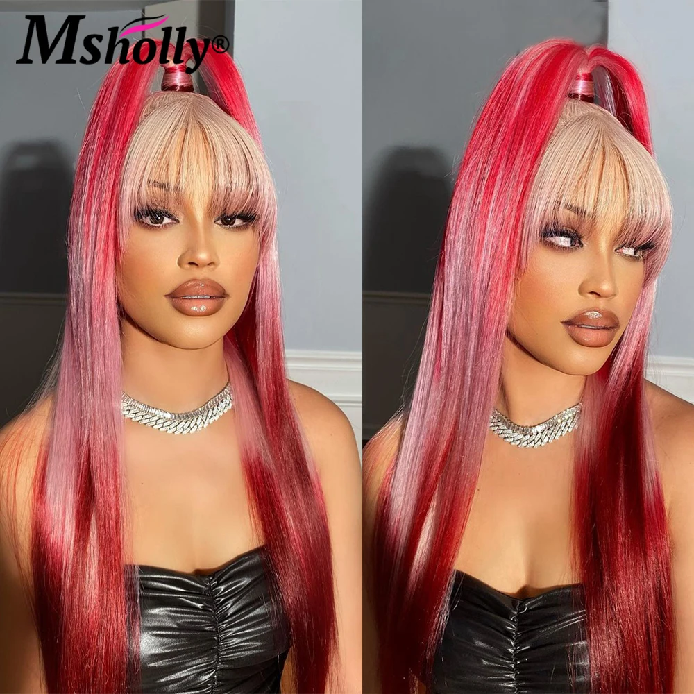 

Парик из натуральных волос с эффектом омбре, с челкой, красный имбирь, прямой передний парик на сетке, фиолетовый, 4x4, без клея, HD, прозрачная с...