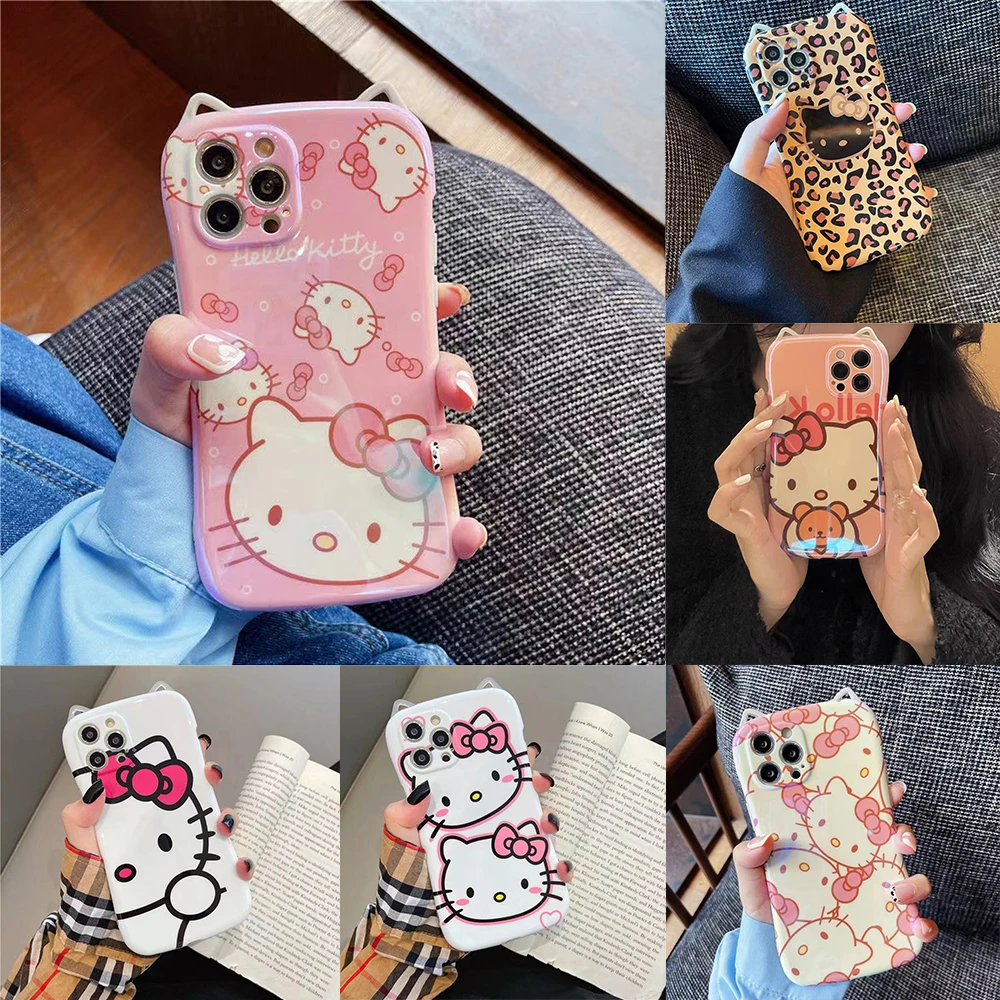

Hello Kitty Lovely Girl Phone Cases For iPhone 14 13 12 11 Pro Max XR X XS 8 7 Plus Soft Shell Reflective IMD Sucker Back Cover
