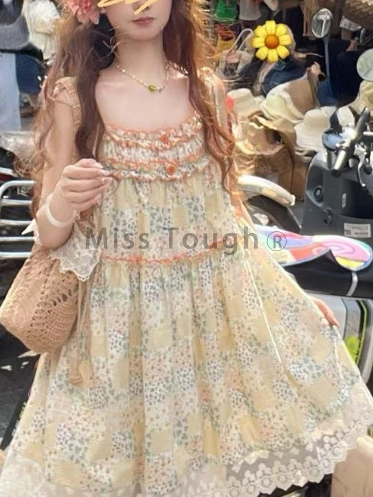 Летние цветочные корейские милые платья для женщин ТРАПЕЦИЕВИДНОЕ кружевное