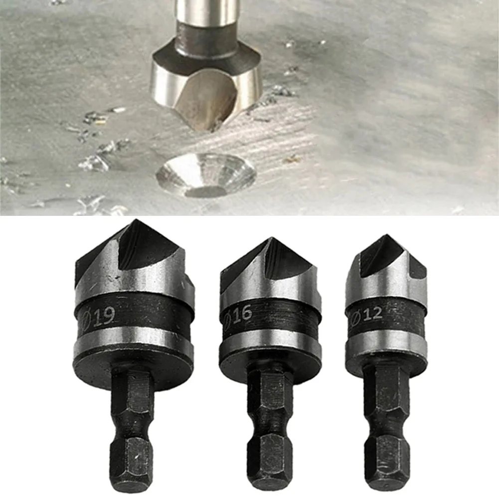 

3pcs 5 Flute Countersink Drill Bit 12/16/19mm Carbon Steel Cutter For Woods Soft Metals Sinking 90 Degree Holes Chamfer