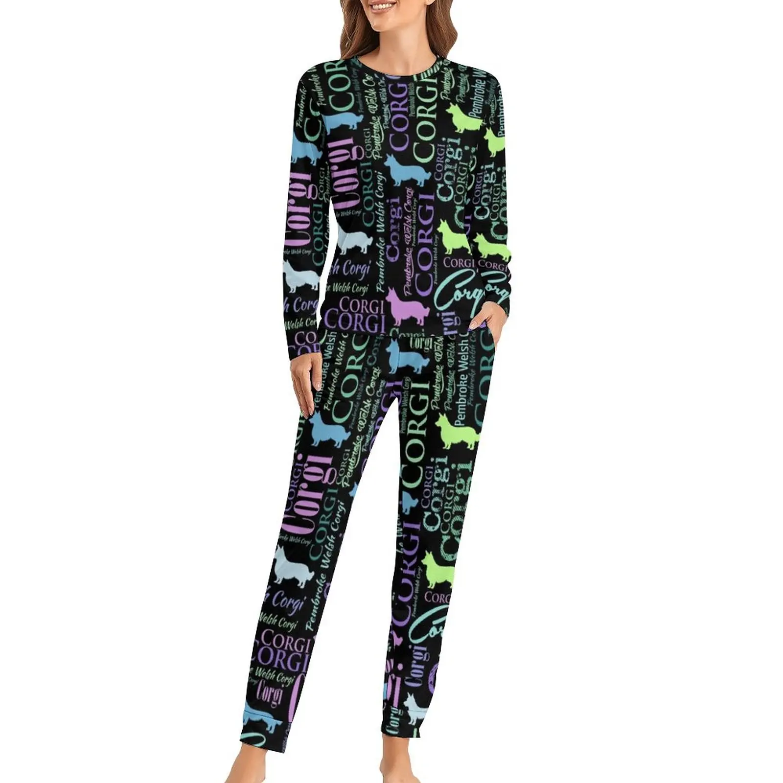 

Corgi Word Art Pajamas Dog Letter Print Lovely Pajama Sets Woman Long Sleeve Loose Sleepwear Big Size 5XL 6XL
