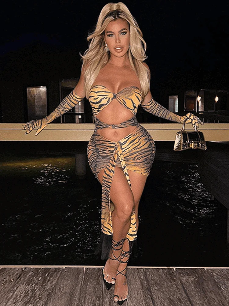 

Ladies Tiger Print Sexy Club Wear Y2K Clothes Strapless Long Sleeve Backless Hollow Out Tube Bodycon Mini Dress Women Streetwear