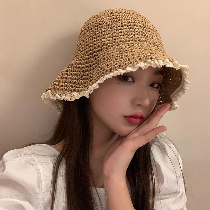 

Japanese Lace Straw Hat Women's Summer Breathable Sunshade Sun Hats Foldable Straw Foldable Temperament Bucket Cap кепка