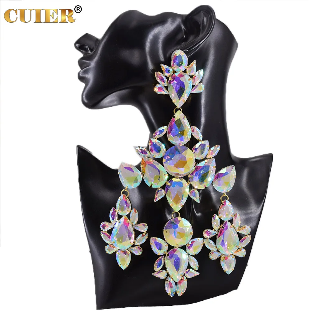 CUIER 22cm Huge Size Drop Pendant Earrings Clip on Drag Queen Jewelry Crystal AB TV show Accessories Men's Earrings Fashion