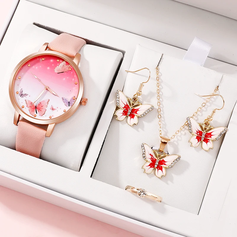 Женские Модные кварцевые часы женские с розовым циферблатом-бабочкой роскошные