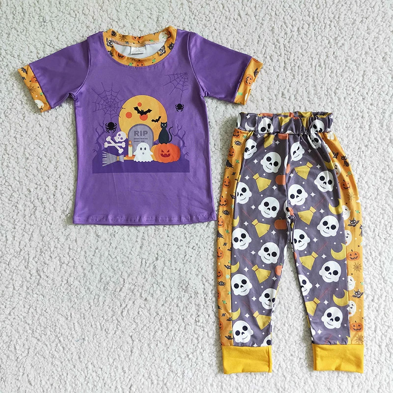 

Одежда на Хэллоуин для маленьких девочек, топ с пышными короткими рукавами, оранжевый, фиолетовые хлопковые брюки с оборками, оптовая продажа, наряд для младенцев, детская одежда